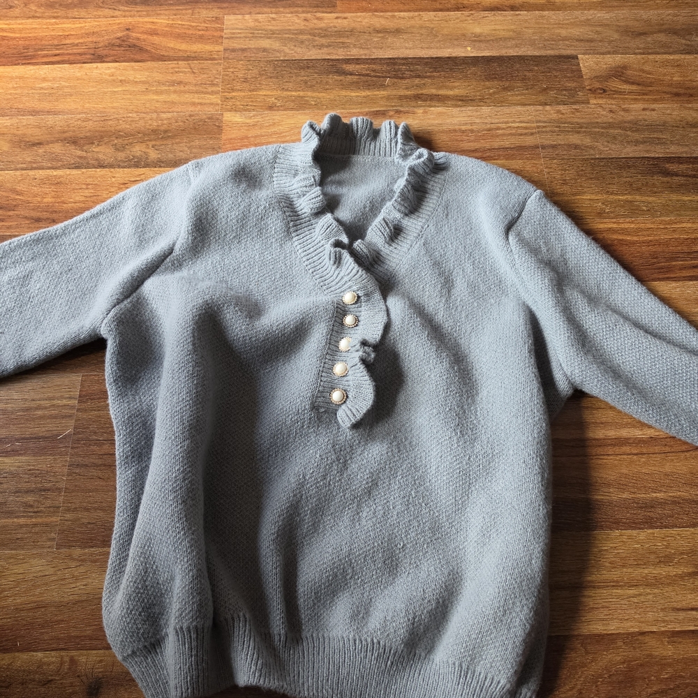 Ruffled Mock Neck Button Pullover Sweater - Gray